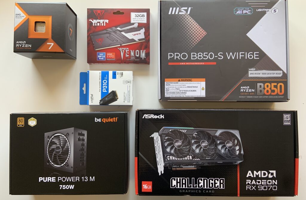 Componenti per assemblaggio PC gaming a Locarno: CPU AMD Ryzen 7 7800X3D, GPU Radeon RX 9070, scheda madre MSI B850, RAM DDR5 e SSD NVMe