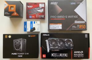 Componenti per assemblaggio PC gaming a Locarno: CPU AMD Ryzen 7 7800X3D, GPU Radeon RX 9070, scheda madre MSI B850, RAM DDR5 e SSD NVMe